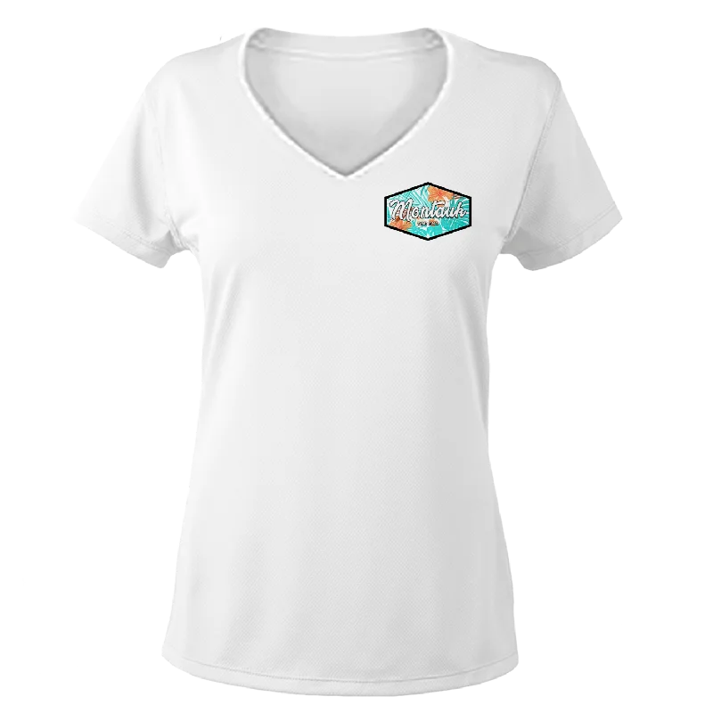 Women's Montauk Surf and Sports Tropical Montauk The End V-Neck Short Sleeve Tee Lace Blend Ribbed Blend Corduroy Blend Women's Montauk Surf and Sports Tropical Montauk The End V-Neck Short Sleeve Tee Lace Blend Ribbed Blend Corduroy Blend