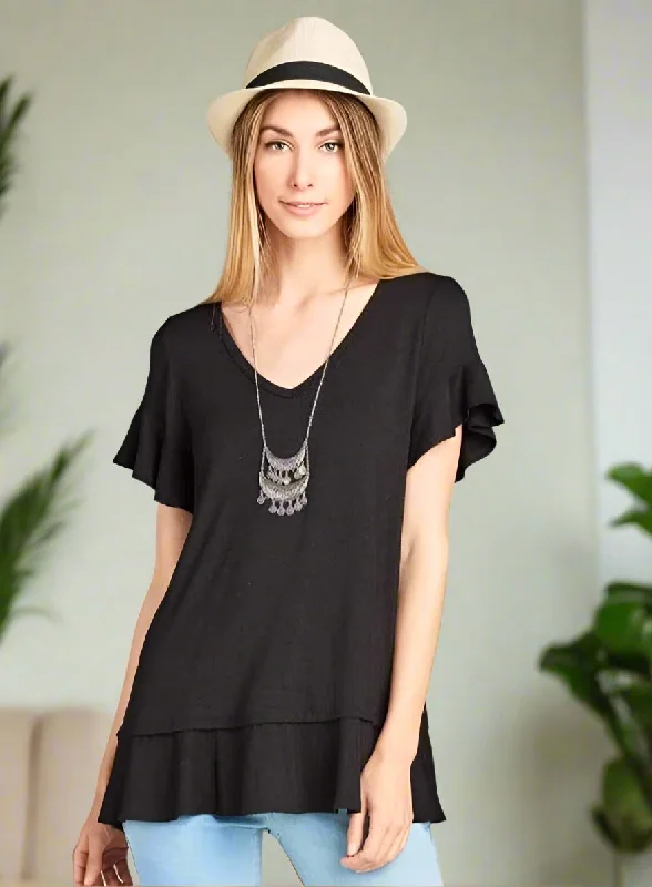 Womens Black Short Sleeve Top, Flutter Sleeve Shirt, Ruffle Hem Shirt, Sizes S/M/L, Solid Black Spandex Blend Rayon Blend Denim Blend