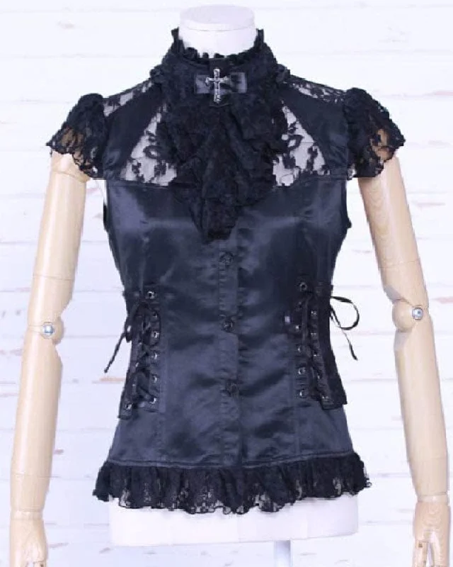 Women's Steampunk Strappy Lace Splice Shirt with Neckwear Thin T-Shirt Open Front Quick Dry