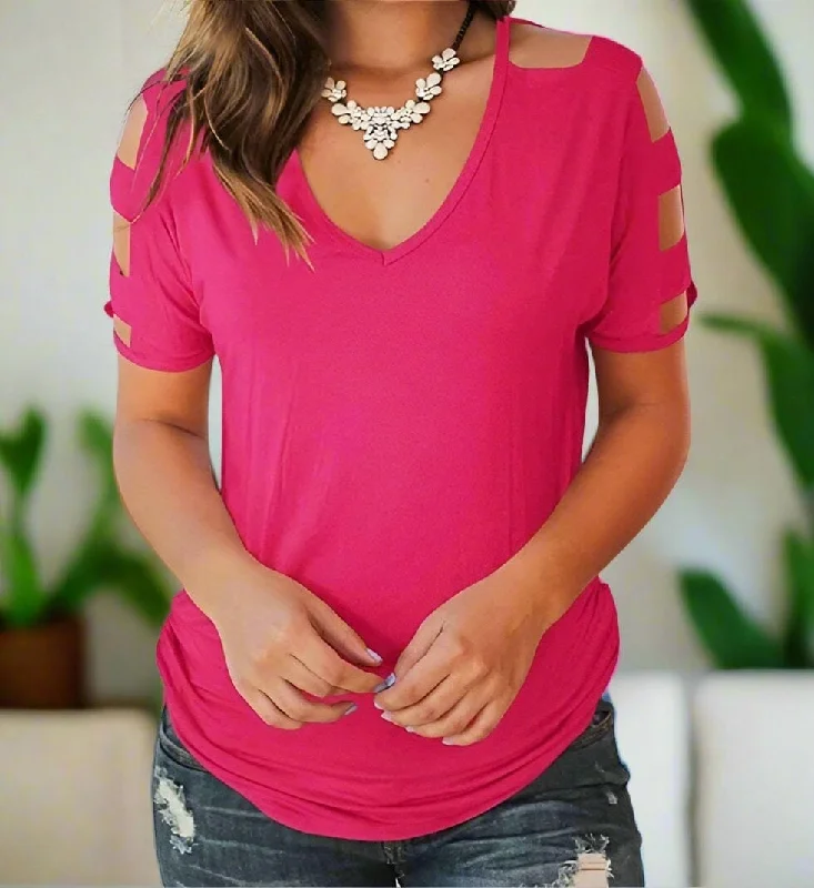 Womens Pink Cold Shoulder Shirt, Cut Out Sleeves, V-Neck Top, Sizes S/M/L, Fuchsia Pink Cozy Warm Stylish