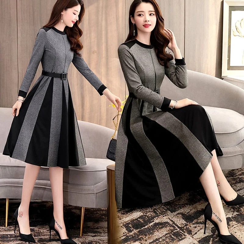 2020 Spring Dress Women A-Line Dress Long Sleeve Knee-Length Office Lady Elegant O-Neck Women Dress Casual Slim Autumn Vestidos Tunics Canvas sturdy