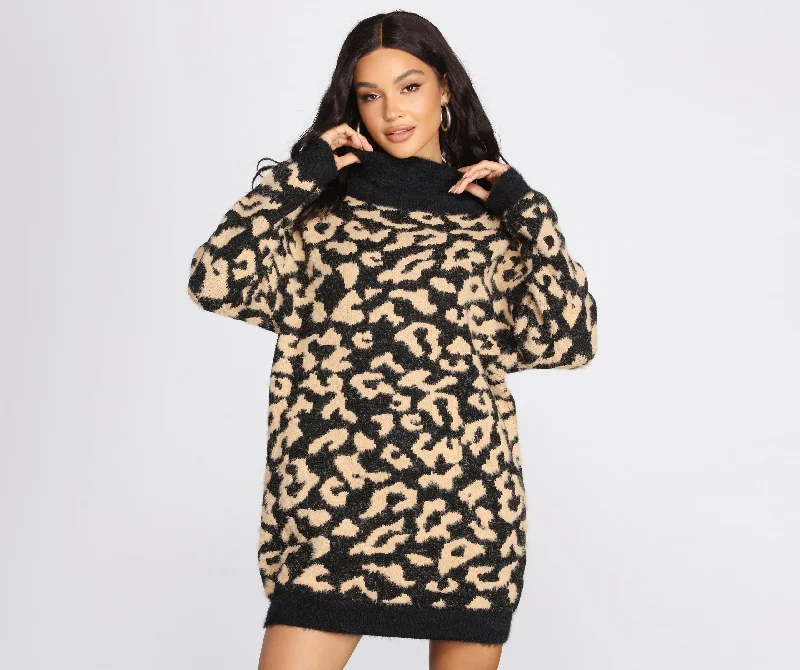 Angora Knit Leopard Print Sweater Dress Tunics Mesh breathable