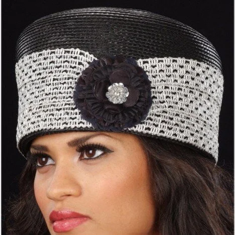 BW9004-Black Pillbox Dress Hat with Metallic Trim Turtleneck Neckline Stylish