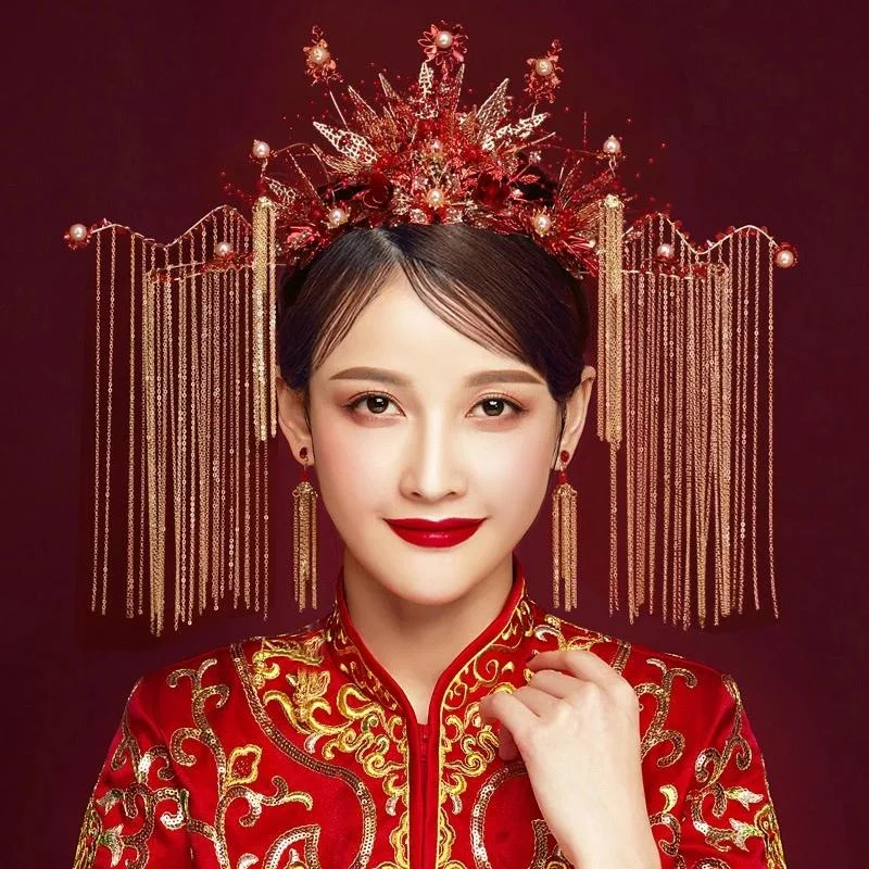 Bride Headdress Chinese Style Phoenix Coronet Costume Wedding Xiuhe Headdress Hair Accessories Red Wedding Hairpin Earrings Tunics Yoga stretchy