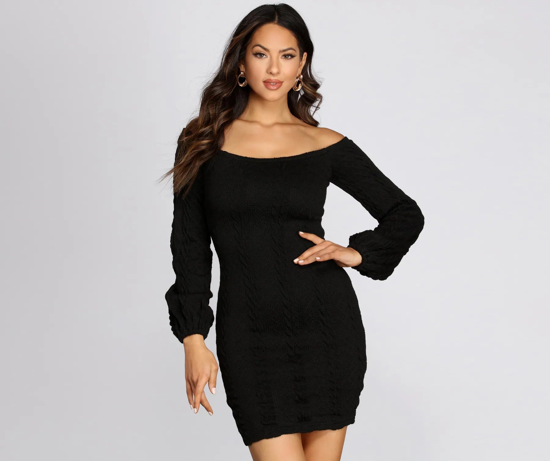 Cable Knit Off Shoulder Sweater Dress Tunics Leisure comfortable