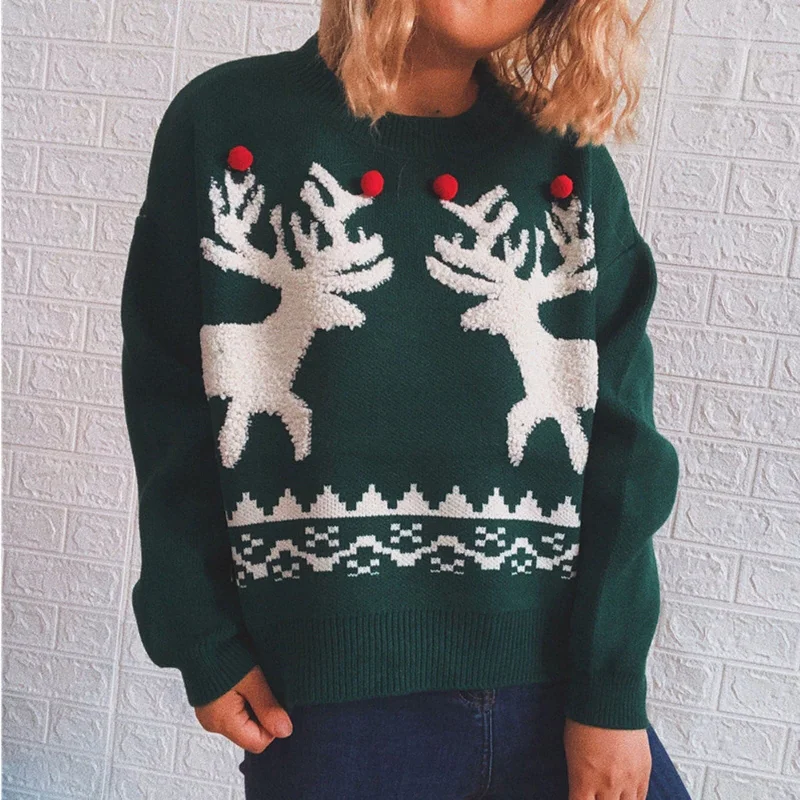 DressBetty - Christmas Elk Print Sweater Crew Neckline Sporty