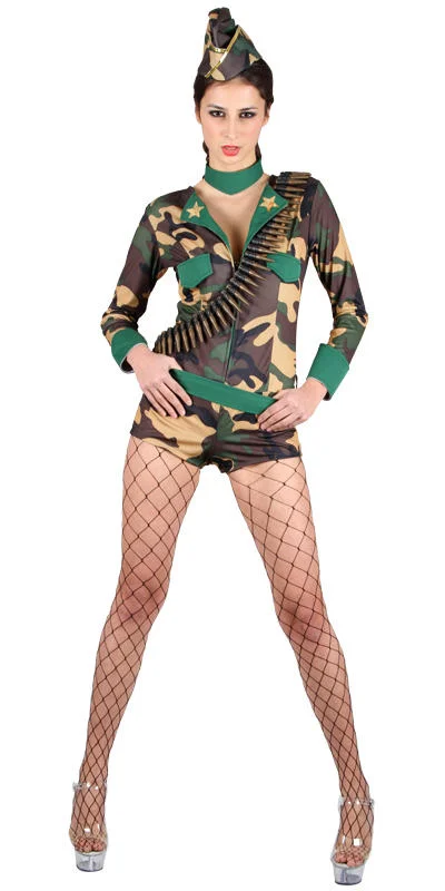 Ladies Combat Cutie Army Girl Fancy Dress Military Uniform Costume + Hat Halter Neckline Beach