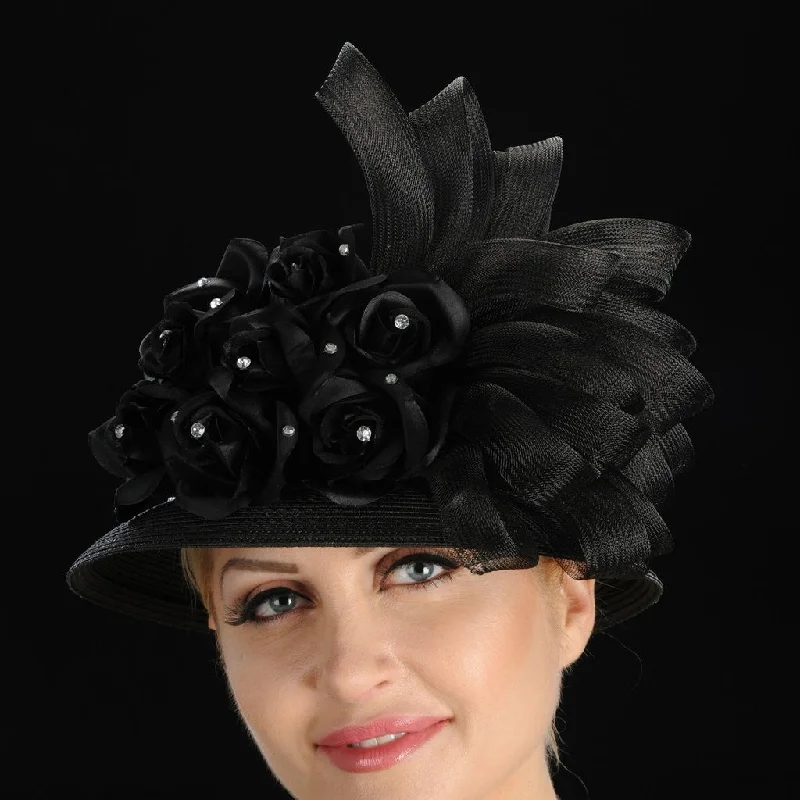 BW9006- Ladies Black Dress Hat with Satin Flowers/Horsehair and Rhinestones Tunics Winter warm