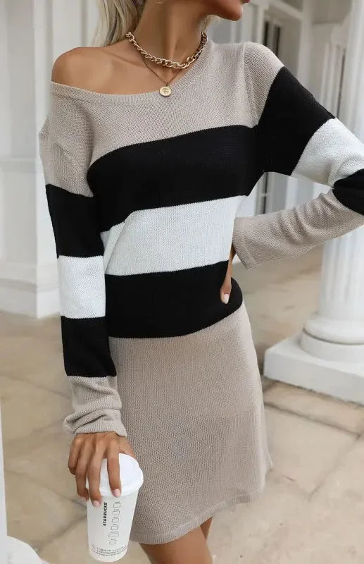 Blue Zone Planet |  Ladies Round Neck Pullover Color Block Sweater Dress Tunics stripes playful