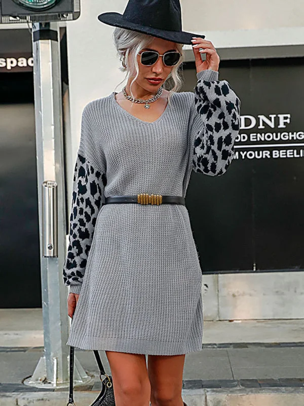 Blue Zone Planet |  leopard print splicing loose sweater dress (without belt) Tunics Canvas sturdy