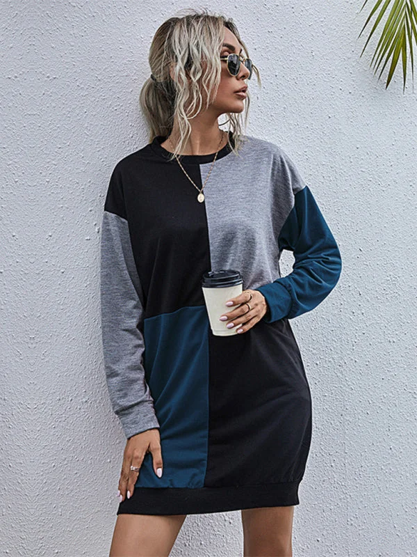 Blue Zone Planet |  Long-sleeved color block round neck sweater dress empire Waist empire