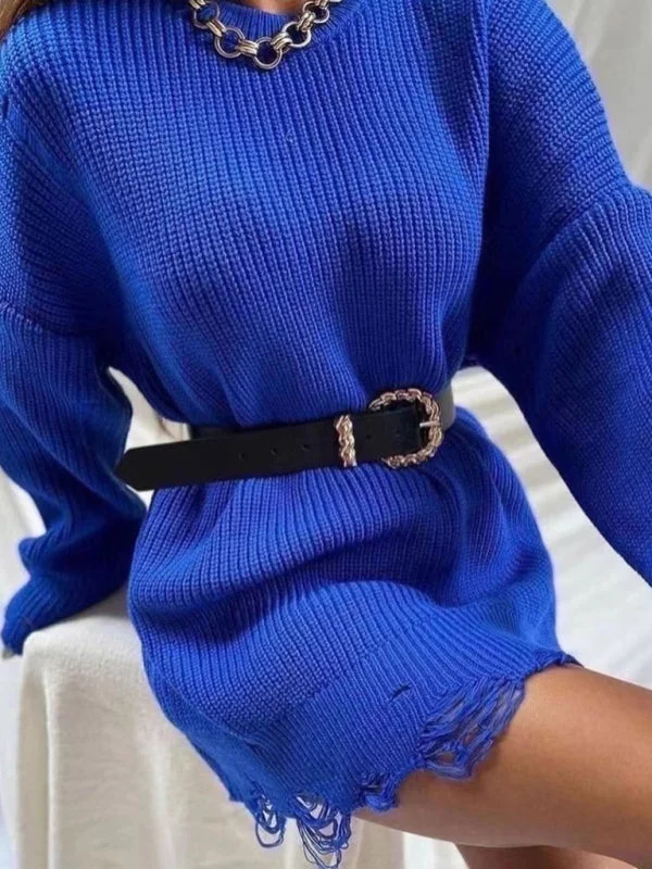 Blue Zone Planet |  solid color crew neck ripped sweater dress Tunics Fashionable chic