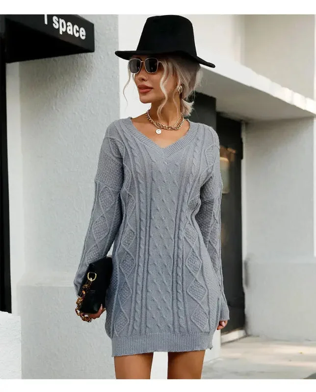 Blue Zone Planet |  Solid Color Long Sleeve V-Neck Grey Sweater Dress Crew Neckline Casual