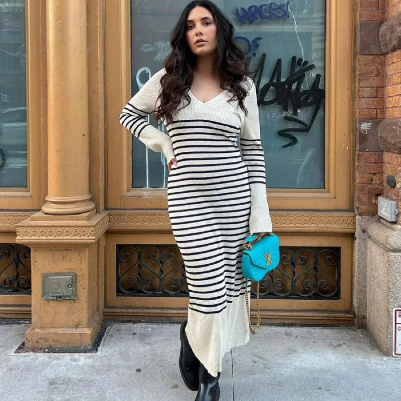 Stripe V-Neck Slim-Fitting Long Sleeves Knit Dress 1370 Tunics Seasonal trendy