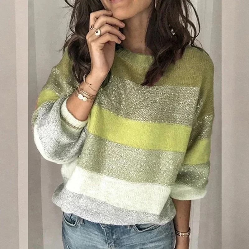 DressBetty - Sweaters Women Korean Harajuku Casual Loose Stripe Stitching Commute Jacquard Knitted Pullover Women Jumper Tunics Prom sequined