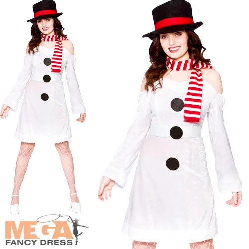 Ladies Miss Snowman Fancy Dress Christmas Party Costume + Hat Tunics Bridal satin