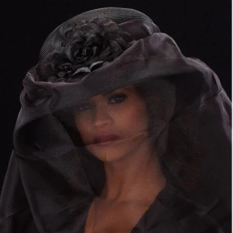 F3006-Uneven long black mourning veil funeral straw dress hat with flower Tunics New arrival