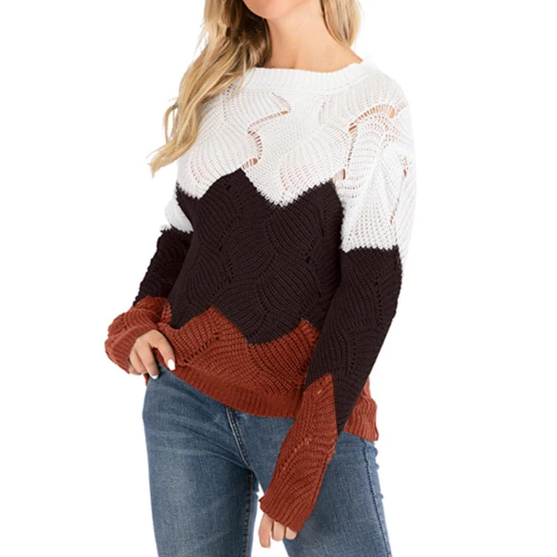 DressBetty - Women Crewneck Color Block Striped Sweater Long Sleeve Loose Knit Pullover Jumper Tops
 Sweater Tunics Party sparkling