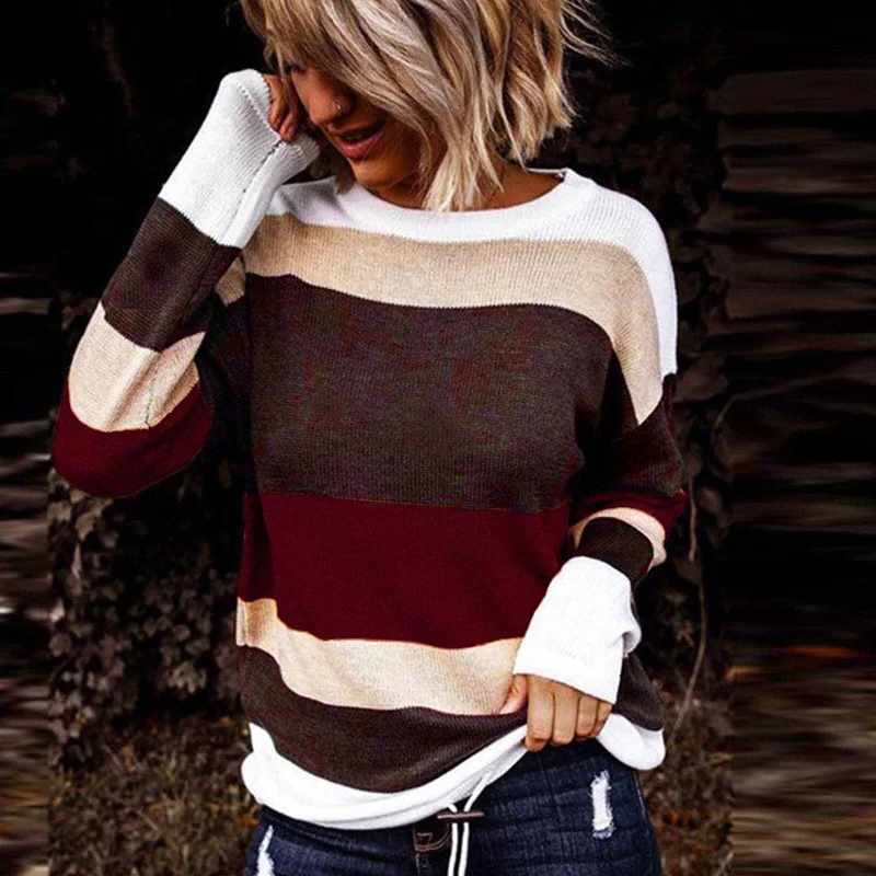 DressBetty - Women Striped Knitwear Sweater Spring Autumn New Round Neck Knitted Long Sleeve Casual O-neck Pullover Tunics Fleece cozy