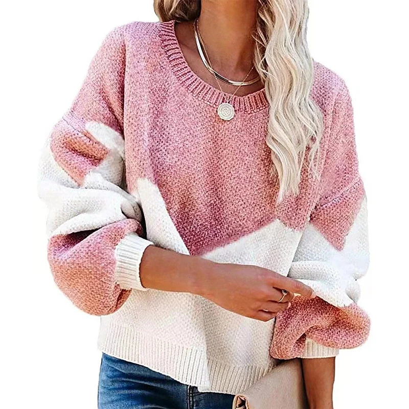 DressBetty - Women's Casual Loose Autumn Winter New Thick Sweater Color Blocking Large Yards Round Neck Korean Knitted Pullover Sweater Femal Tunics Fall fleece