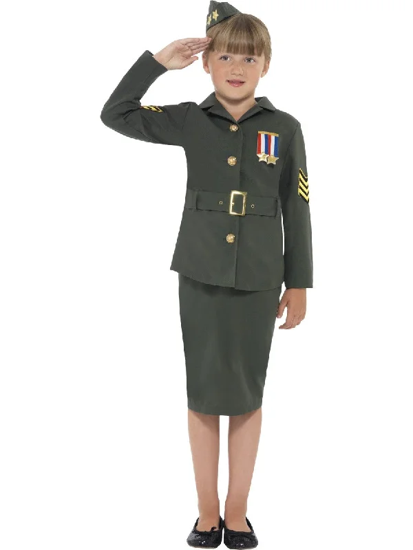 Kids Army Girl + Hat Fancy Dress Military 1940s Uniform Costume Tunics Practical durable