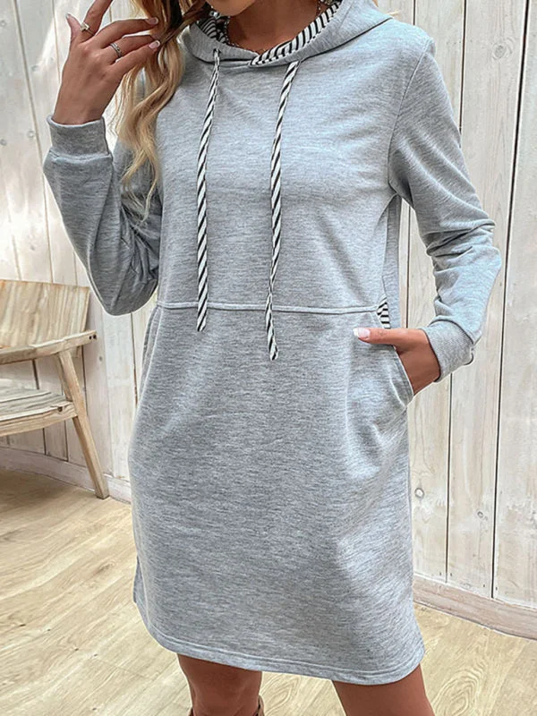 Blue Zone Planet |  long-sleeved stitching hooded sweater dress Tunics Satin smooth