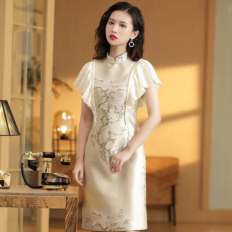 Puff Sleeve Fancy Cotton Retro Cheongsam Shanghai Style Chinese Dress Boatneck Modish Everyday