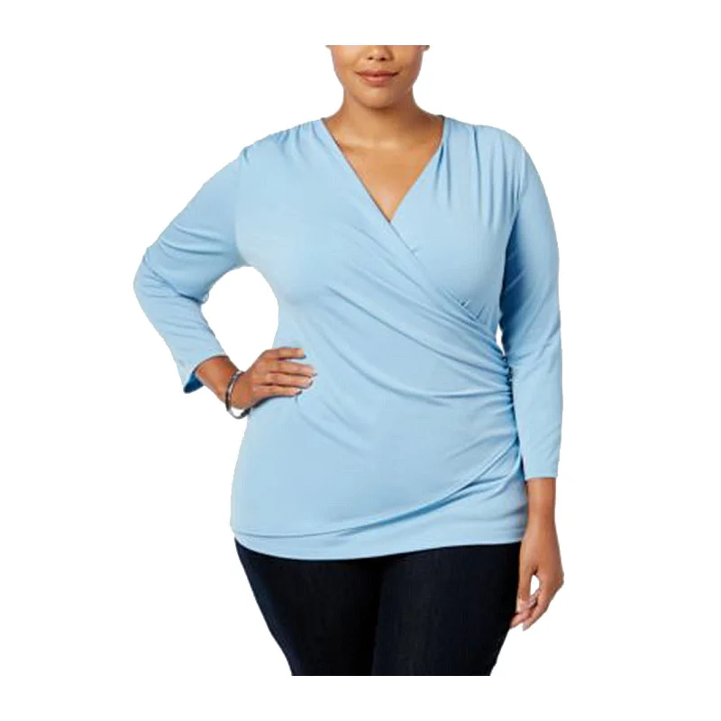 Charter Club Blue Long Sleeve Faux Wrap Knit Top Plus Size Vintage Knit Top
