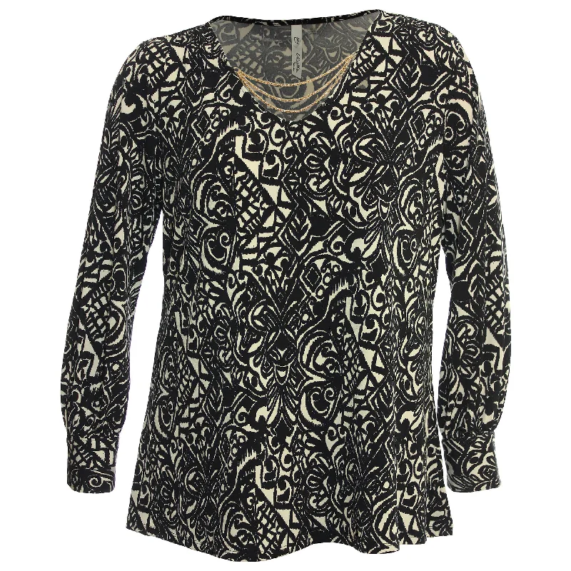 NY Collection Multi Color Print Long Sleeve Chain Trim Knit Top Organic Knit Top
