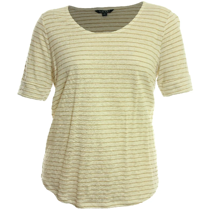 Ralph Lauren Striped Elbow Sleeve Linen Blend Knit Top Bamboo Knit Shirt