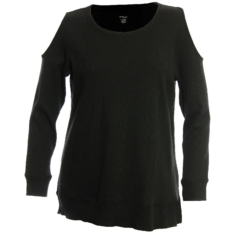 Style & Co. Black Long Sleeve Cold Shoulder Thermal Knit Top Recycled Knit Tee