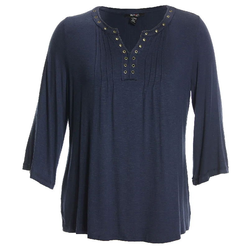 Style & Co Blue or Brown Long Bell Sleeve Grommet Embellished Knit Top Plus Size Minimalist Knit Blouse