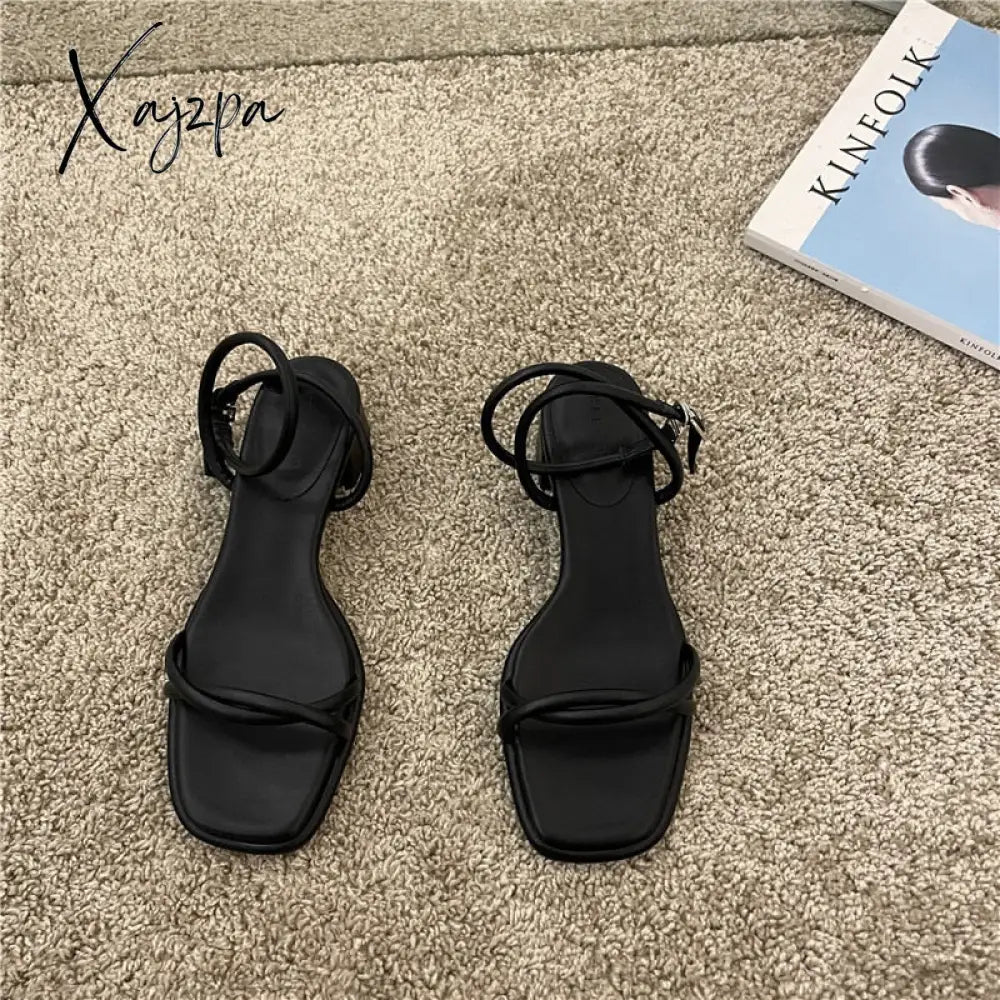 Xajzpa - 2023 Summer New Narrow Band Women Sandal Shoes Fashion Thick Heel Ladies Elegant Open Toe Sandalias Ankle Strap Dress Pumps Tunics Canvas sturdy