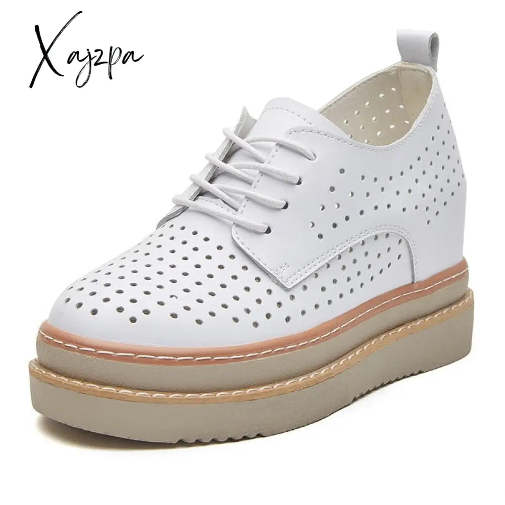 Xajzpa - 7cm Females Natural Genuine Leather Platform Sneakers Wedge Heels Rubber Hollow Breathable Summer Women Casual Shoes Dress Tunics Top rated