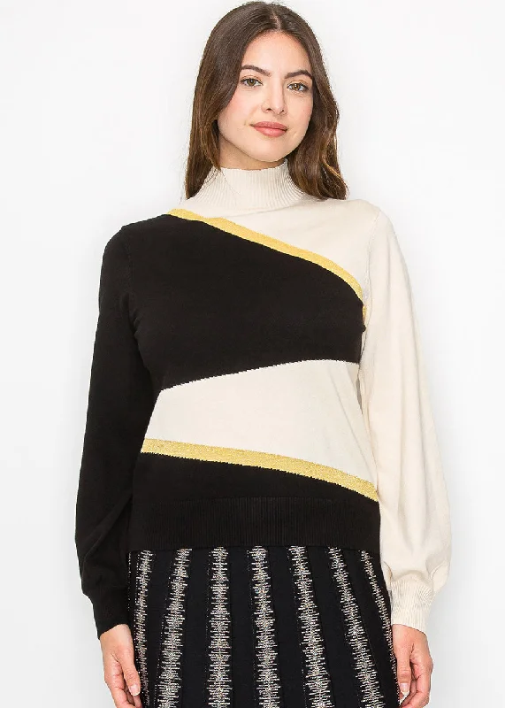 Black & Cream Blocked Knit Top One Shoulder Knit Shirt