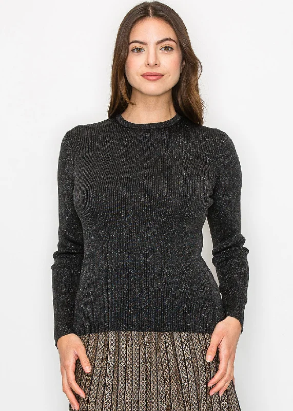 Black Sparkle Ribbed Knit Top Scoop Neck Knit Tee
