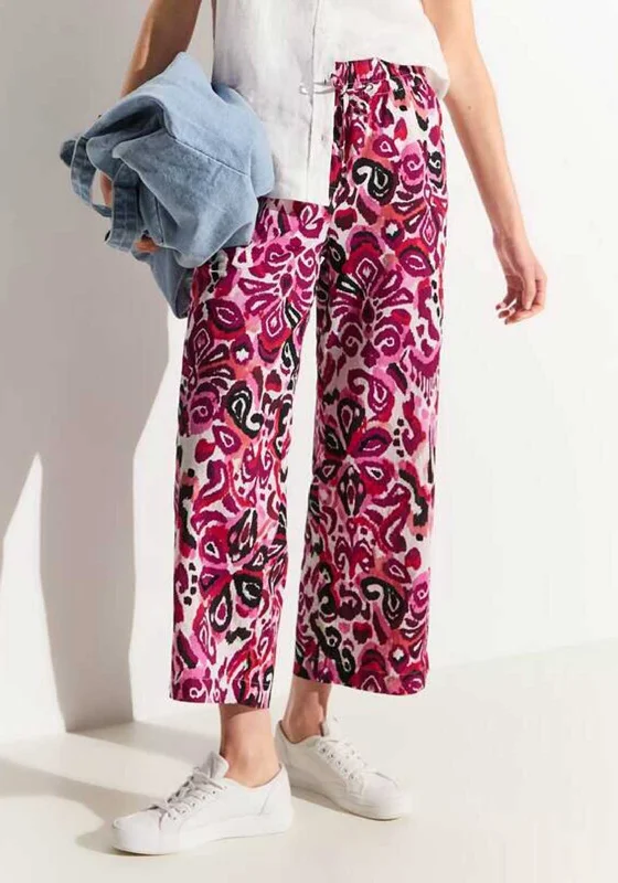 Cecil Ornament Print Three Quarter Length Wide Trousers, Bloomy Pink Trousers Bridal Satin