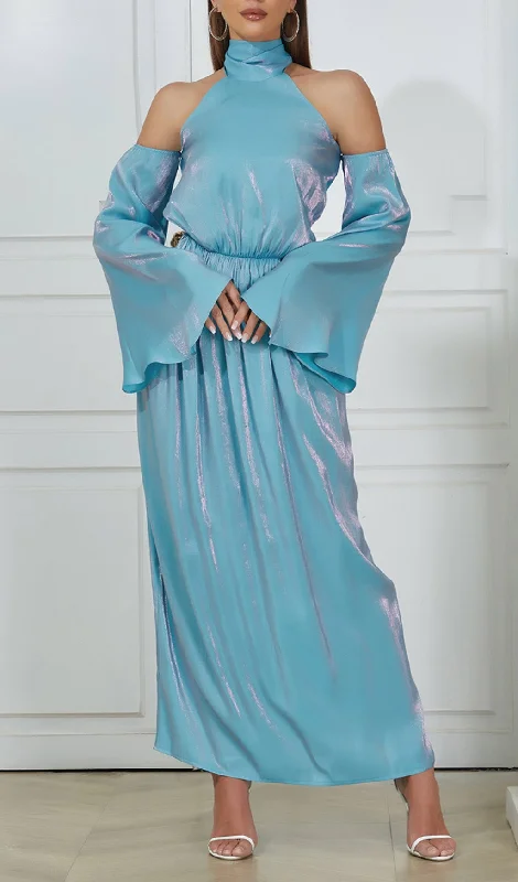 COLD SHOULDER RUMPET SLEEVE MIDI DRESS Tunics Designer luxury