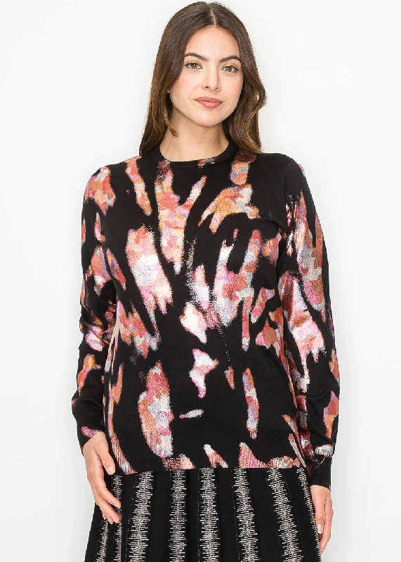 Color Splash Abstract Knit Top Round Neck Knit Blouse