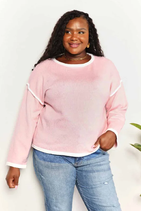 Contrast Detail Dropped Shoulder Knit Top Geometric Knit Tee