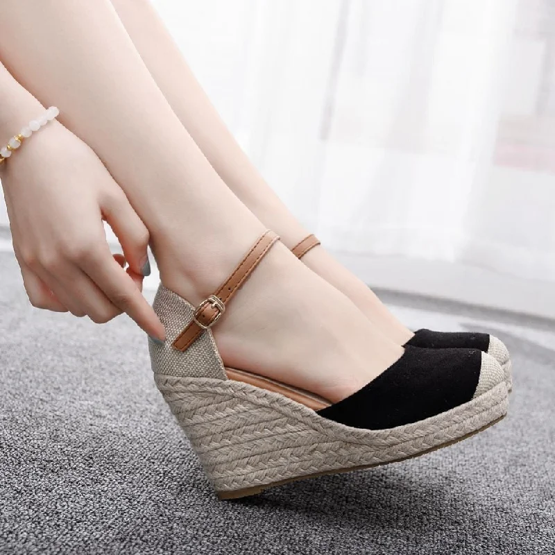 Crystal Queen Women Suede Wedges High Ankle Toe Casual Slope Round Head Sandals Dress Shoes Tunics Brand named