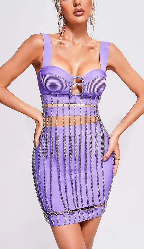 CRYSTAL TASSEL BANDAGE MINI DRESS IN PURPLE Tunics Long Elegant