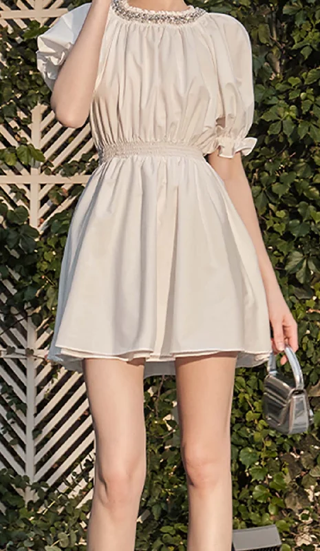 CYSTAL NECK PUFF SLEEVE MINI DRESS Tunics Review highly