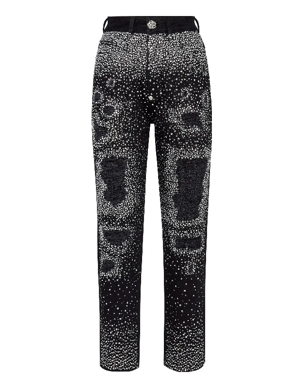 Denim Trousers Boyfriend Fit Crystal Trousers Mesh Breathable