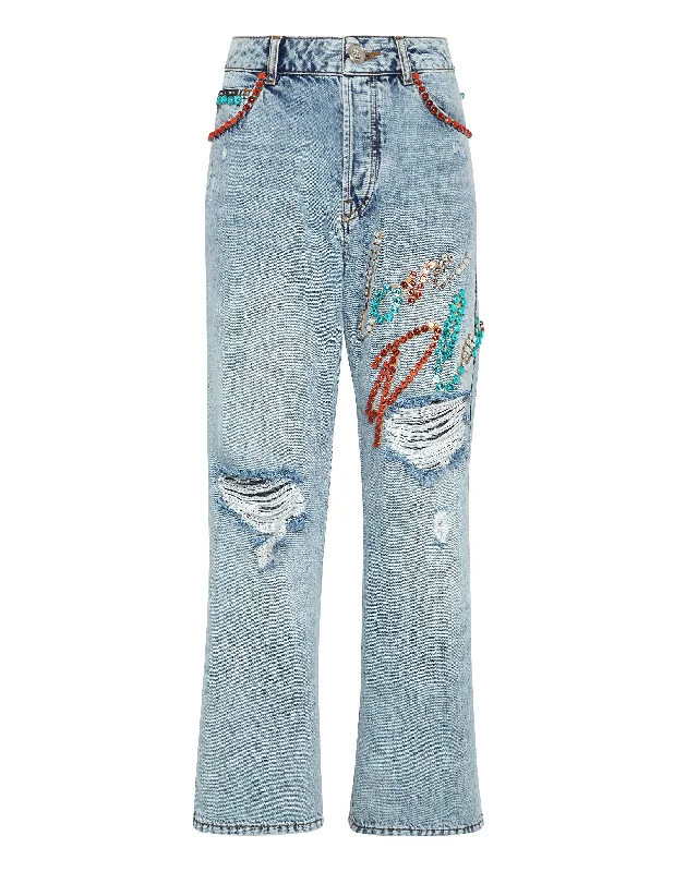 Denim Trousers Super Loose Fit Studs with Crystals Trousers fashionable chic