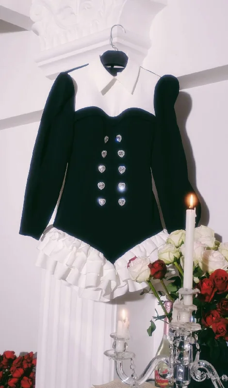 DIAMOND SPLICED COLOR LAPEL TEMPERAMENT RUFFLES  DRESS Tunics Velvet soft