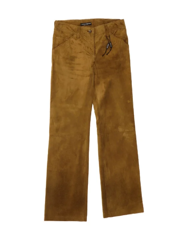 DOLCE & GABBANA Womens Suede Casual Trousers IT 40 Small W28 L32 Brown Trousers Evening Elegant