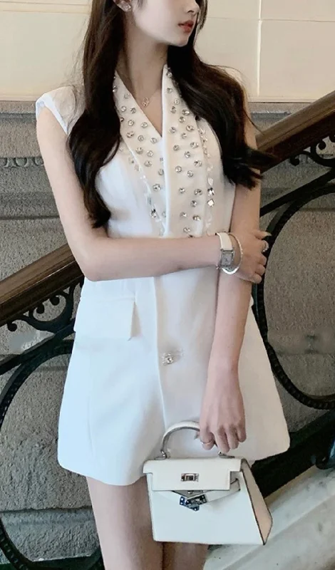 DOUBLE BREASTED DIAMOND SUIT DRESS IN WHITE Tunics Satin smooth