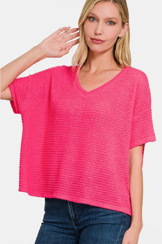 Drop Shoulder Short Sleeve Jacquard Knit Top Striped Knit Top