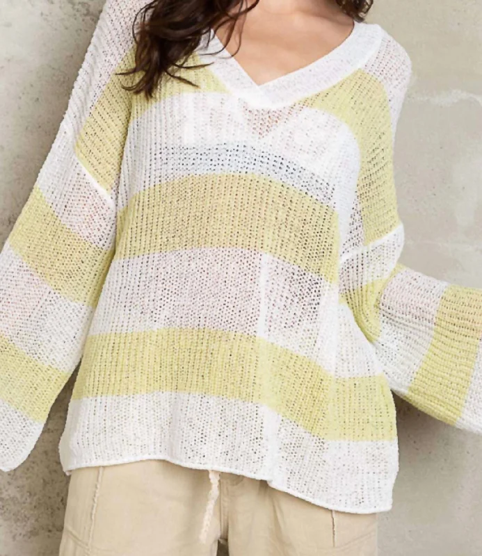 Evelyn Open-Knit Top In White/yellow Stylish Knit Top